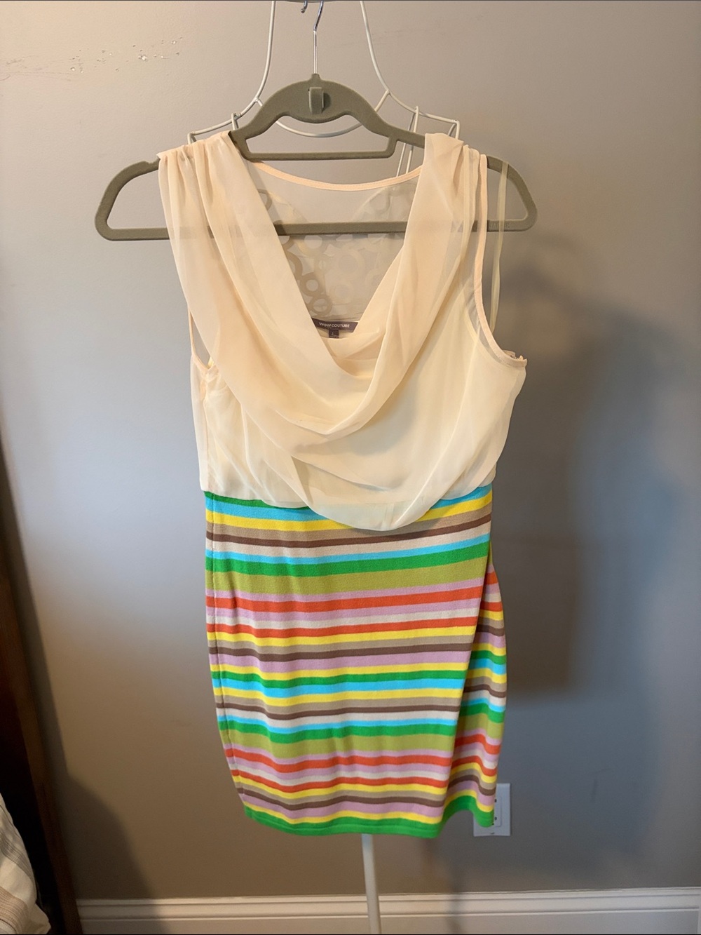 WOW couture Cream Drape Top Multi-Color Striped Mini Dress